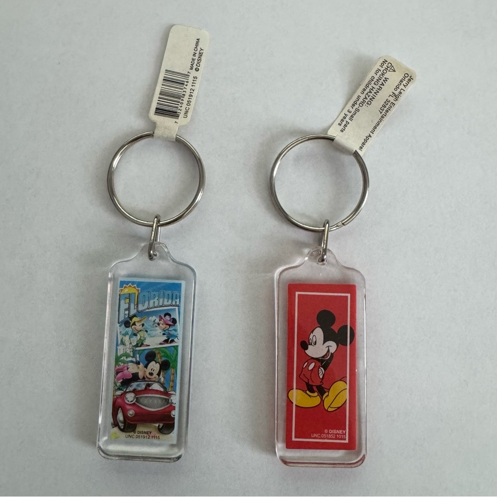 Set of 2 Disney lucite acrylic keychains Mickey Mouse & Florida key rings NEW